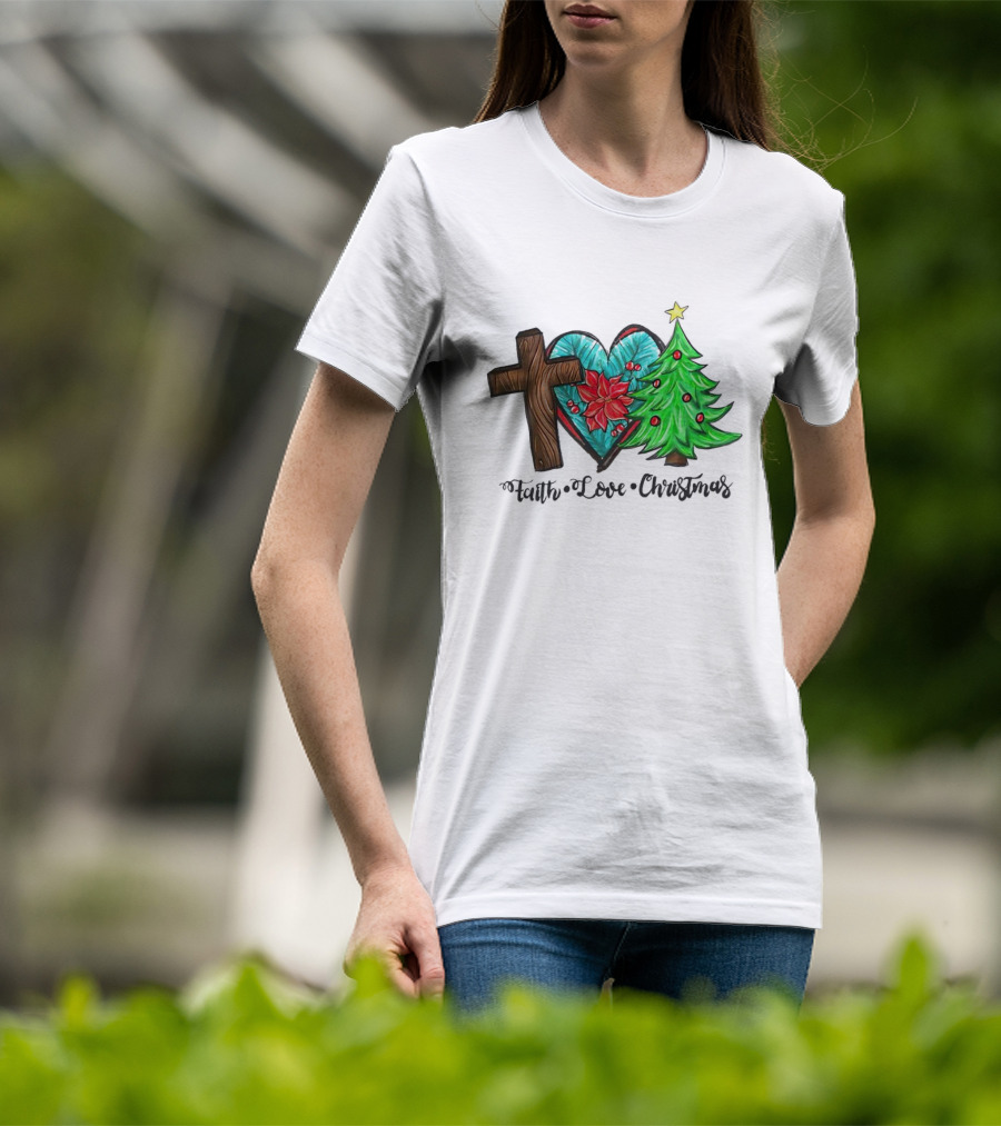 Faith Love Christmas Cross Poinsettia Tree T-Shirt