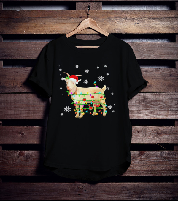 Goat Wrapped In Christmas Lights With Santa Hat And Snowflakes T-Shirt