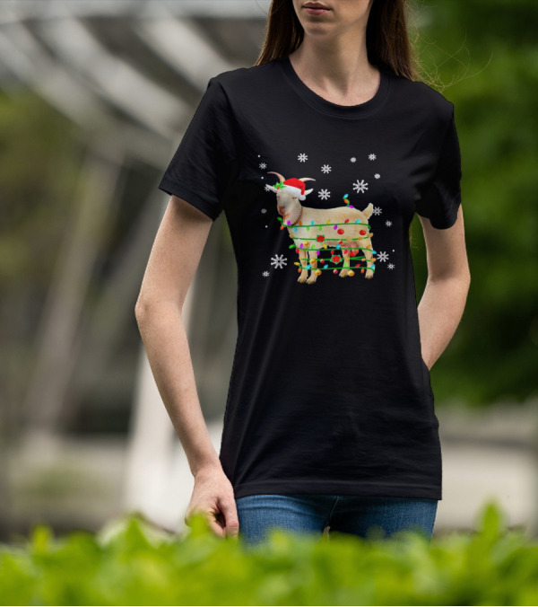 Goat Wrapped In Christmas Lights With Santa Hat And Snowflakes T-Shirt