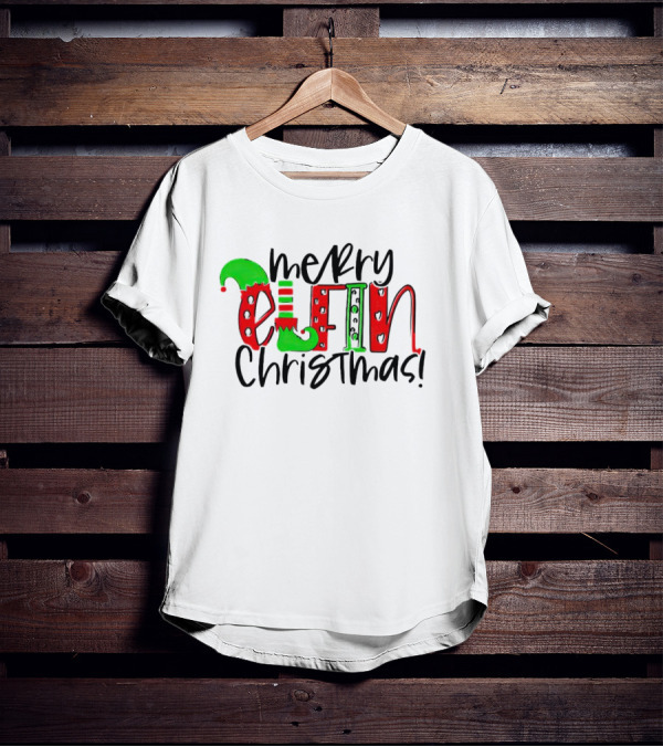 Merry Elfin Christmas Green Elf Shoe And Hat Red Stripes And Polka Dots T-Shirt