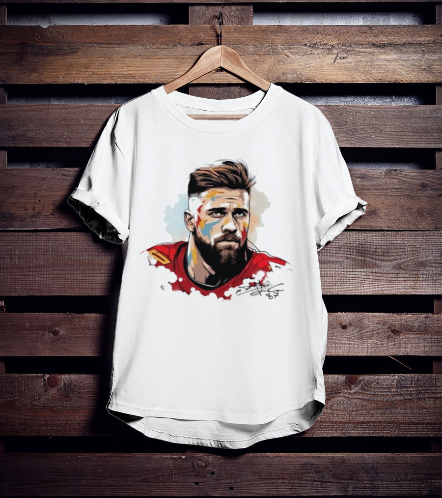 Travis Kelce Signed Portrait Artwork In Red Jersey T-Shirt