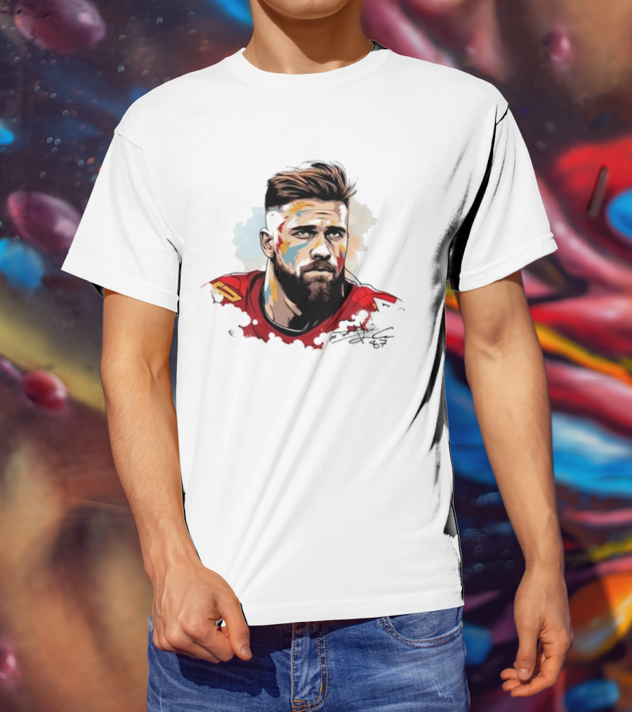Travis Kelce Signed Portrait Artwork In Red Jersey T-Shirt