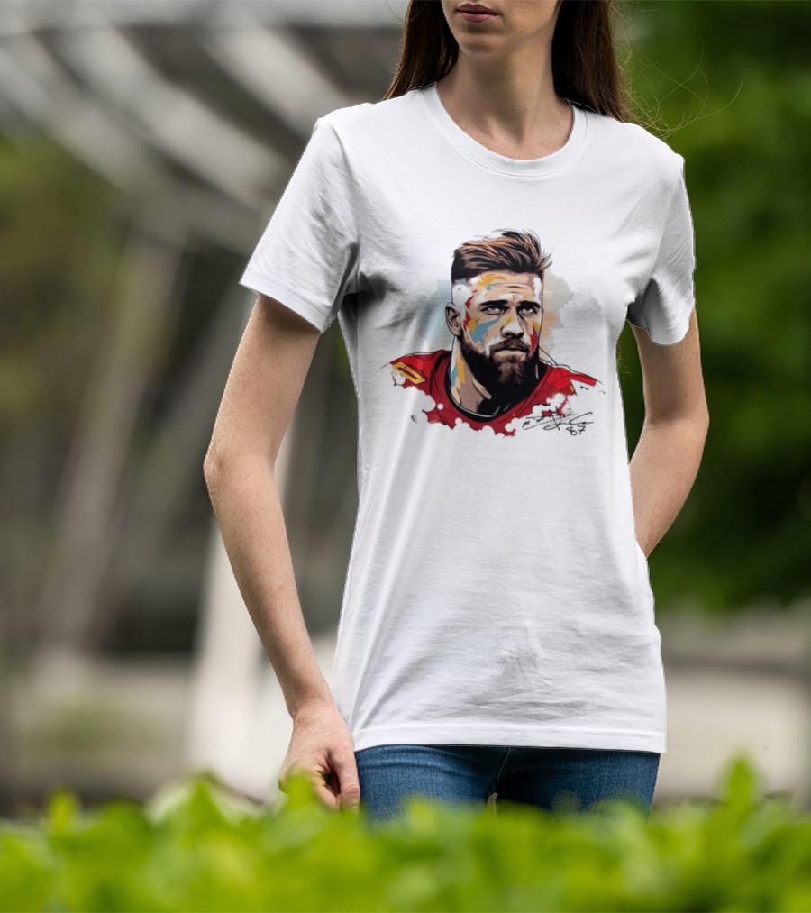 Travis Kelce Signed Portrait Artwork In Red Jersey T-Shirt