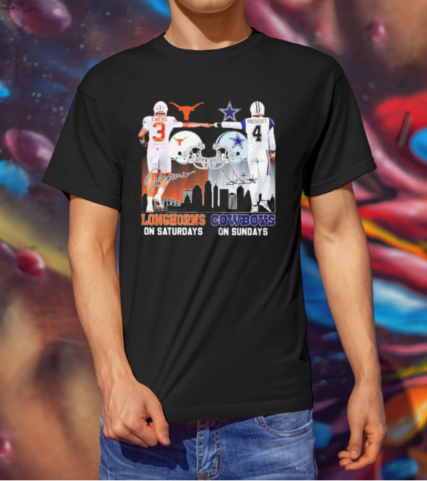 Ewers Longhorns On Saturdays Prescott Cowboys On Sundays Football Helms And Skyline T-Shirt