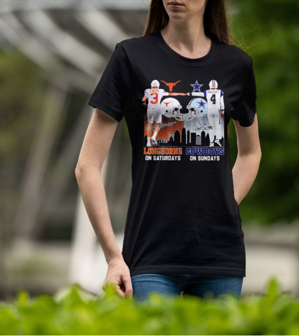 Ewers Longhorns On Saturdays Prescott Cowboys On Sundays Football Helms And Skyline T-Shirt