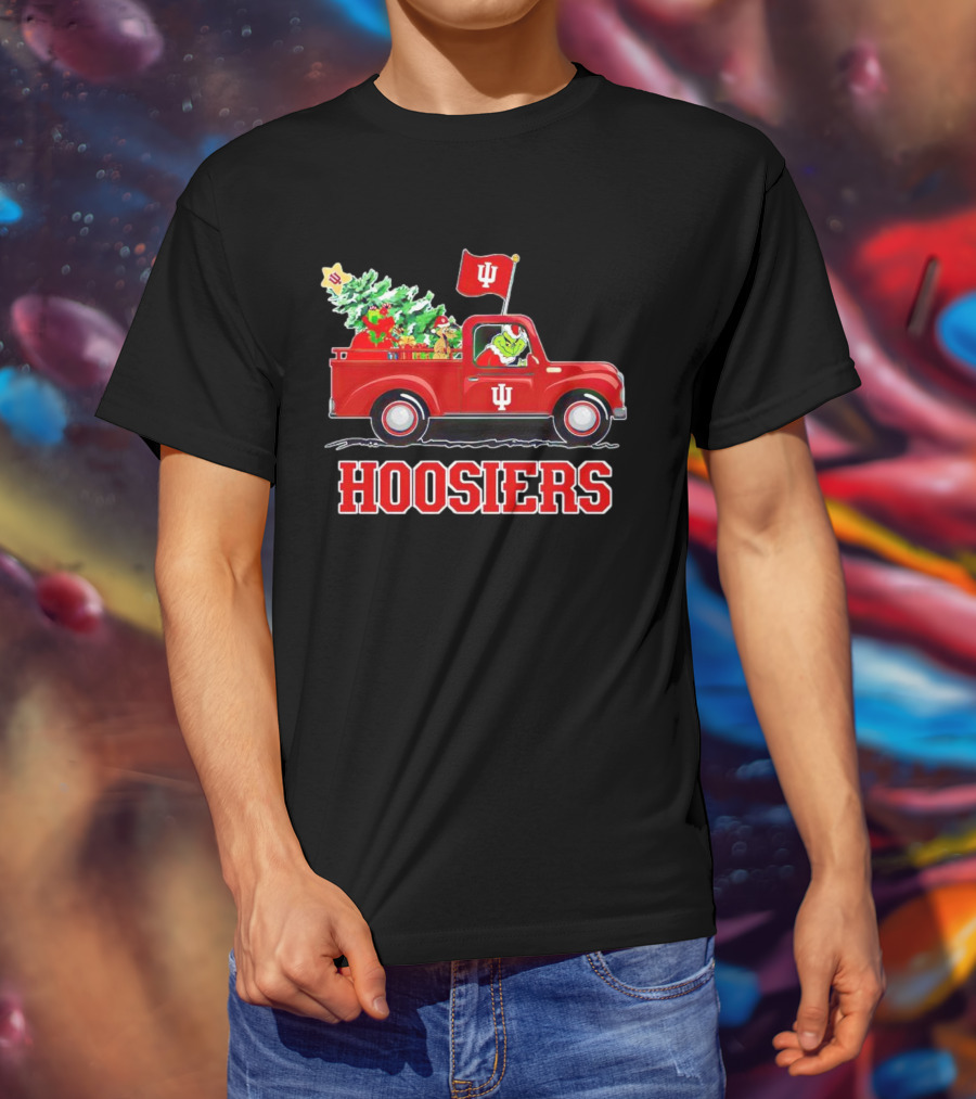 Grinch Driving Indiana Hoosiers Christmas Truck With Holiday Tree T-Shirt