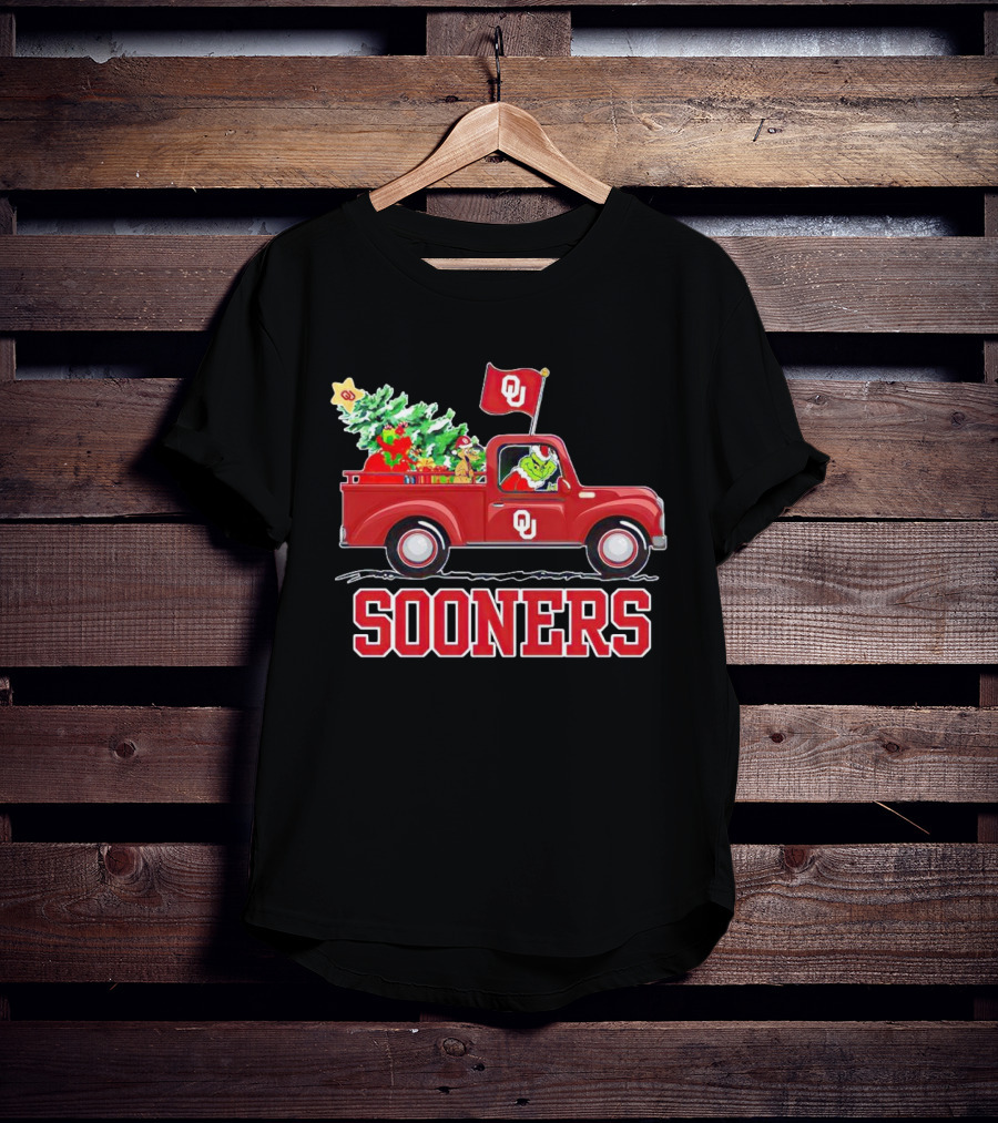 Grinch Driving Red Truck With Christmas Tree Oklahoma Sooners T-Shirt
