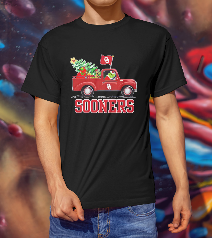 Grinch Driving Red Truck With Christmas Tree Oklahoma Sooners T-Shirt