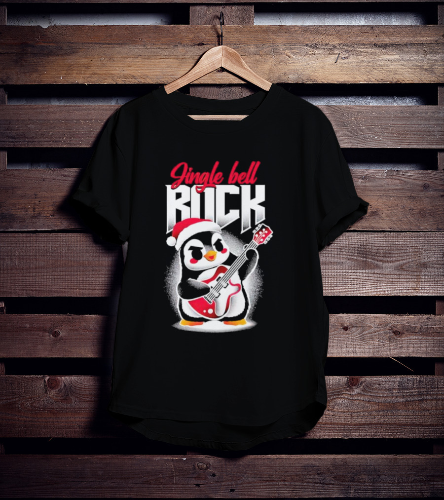 Jingle Bell Rock Penguin Playing Christmas Guitar In Santa Hat T-Shirt