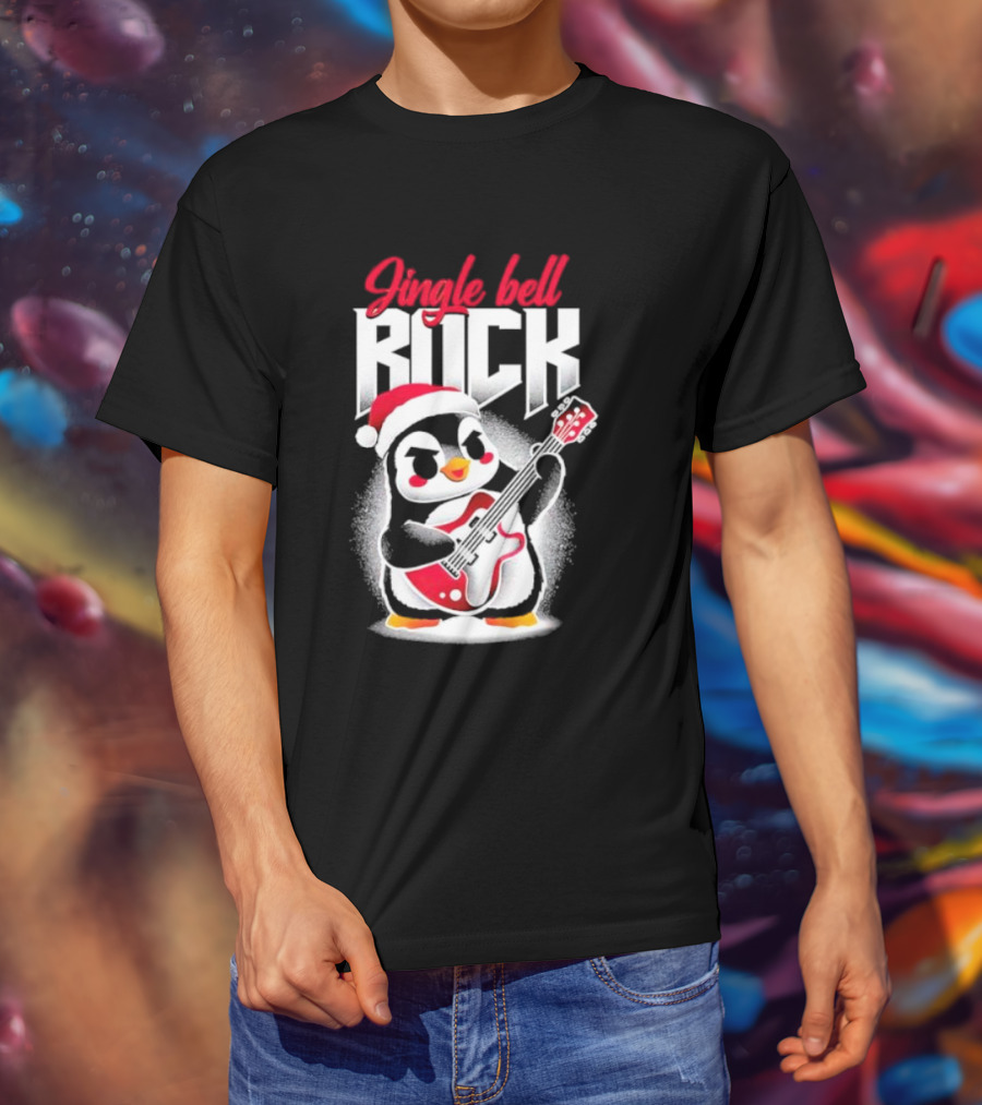Jingle Bell Rock Penguin Playing Christmas Guitar In Santa Hat T-Shirt