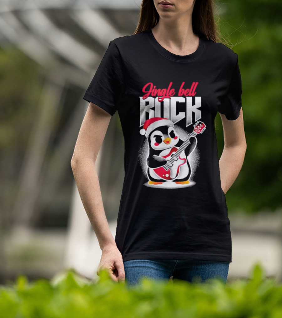 Jingle Bell Rock Penguin Playing Christmas Guitar In Santa Hat T-Shirt