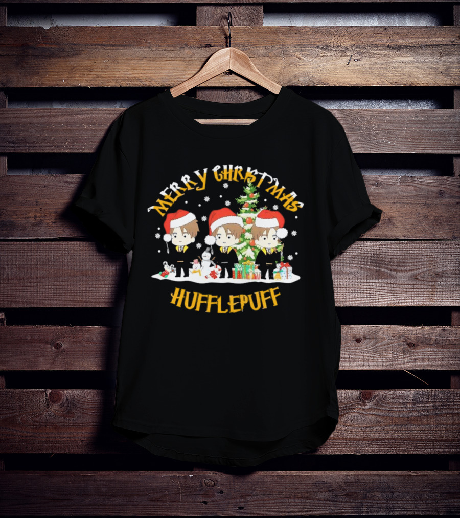 Merry Christmas Hufflepuff Characters With Santa Hats And Christmas Tree T-Shirt