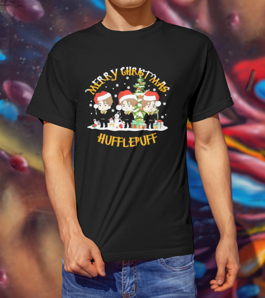 Merry Christmas Hufflepuff Characters With Santa Hats And Christmas Tree T-Shirt