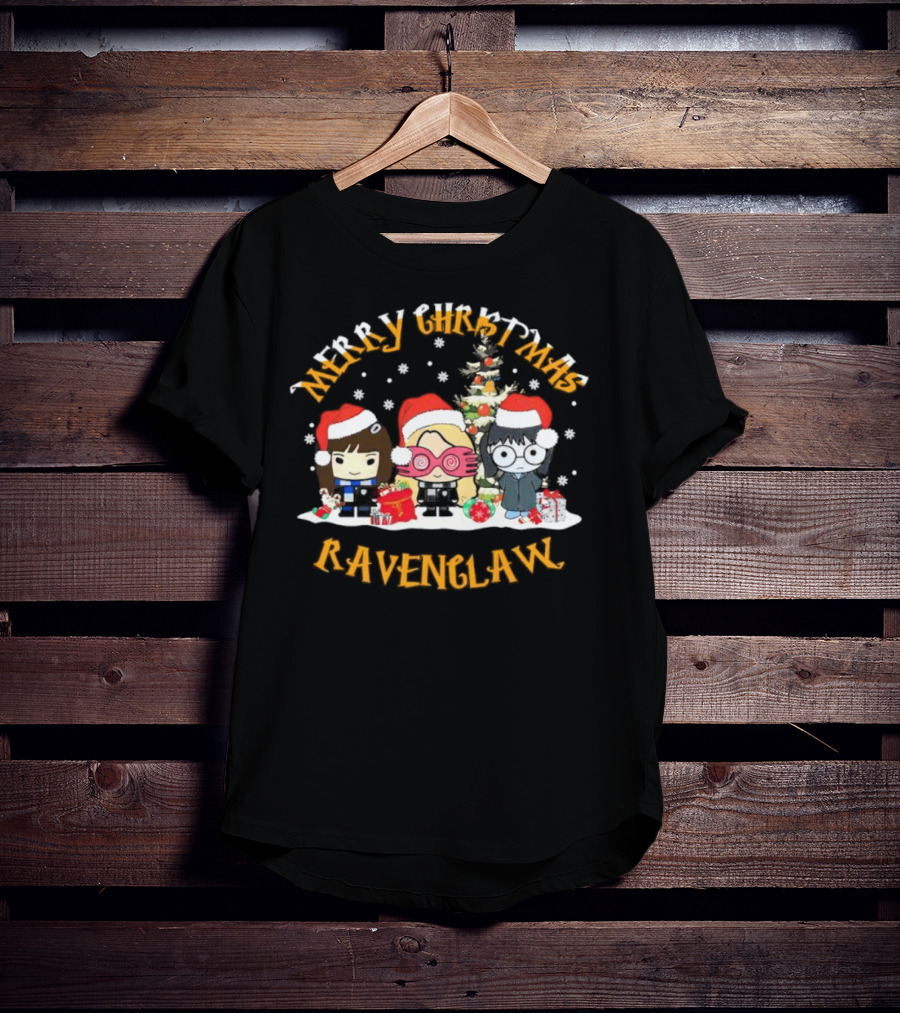 Merry Christmas Ravenclaw Characters With Santa Hats And Christmas Tree T-Shirt
