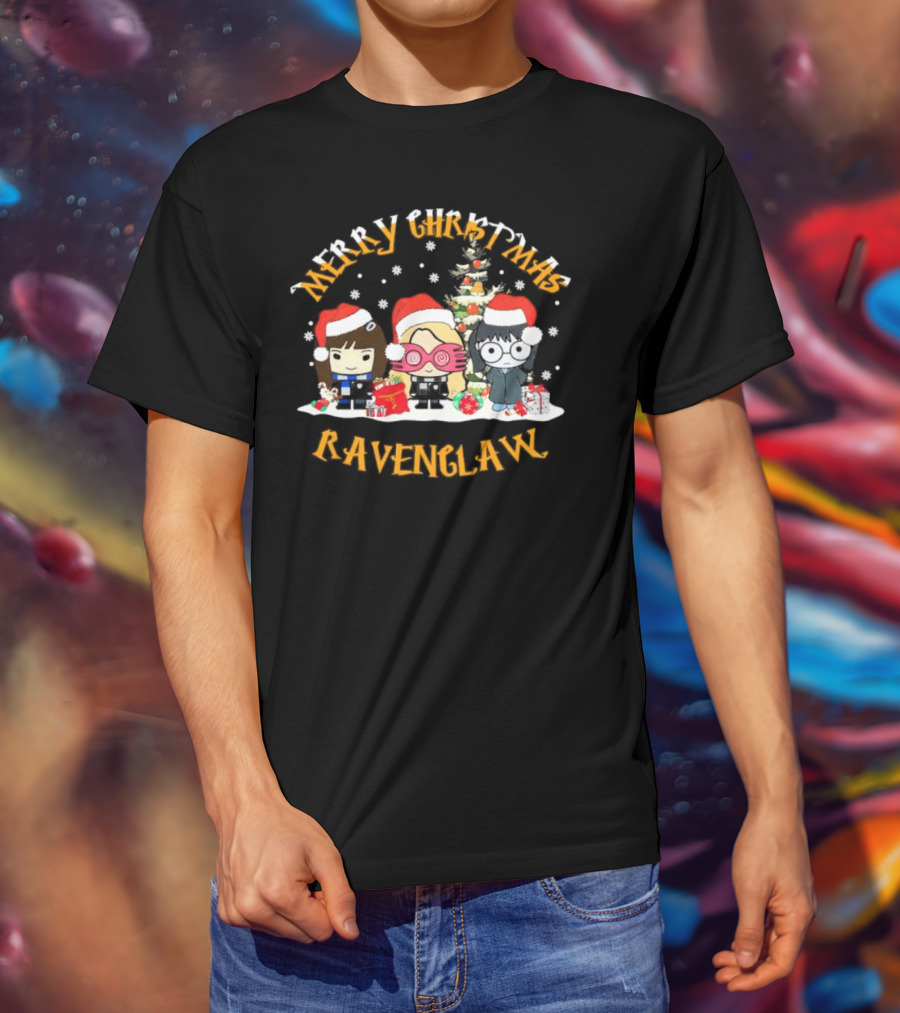 Merry Christmas Ravenclaw Characters With Santa Hats And Christmas Tree T-Shirt