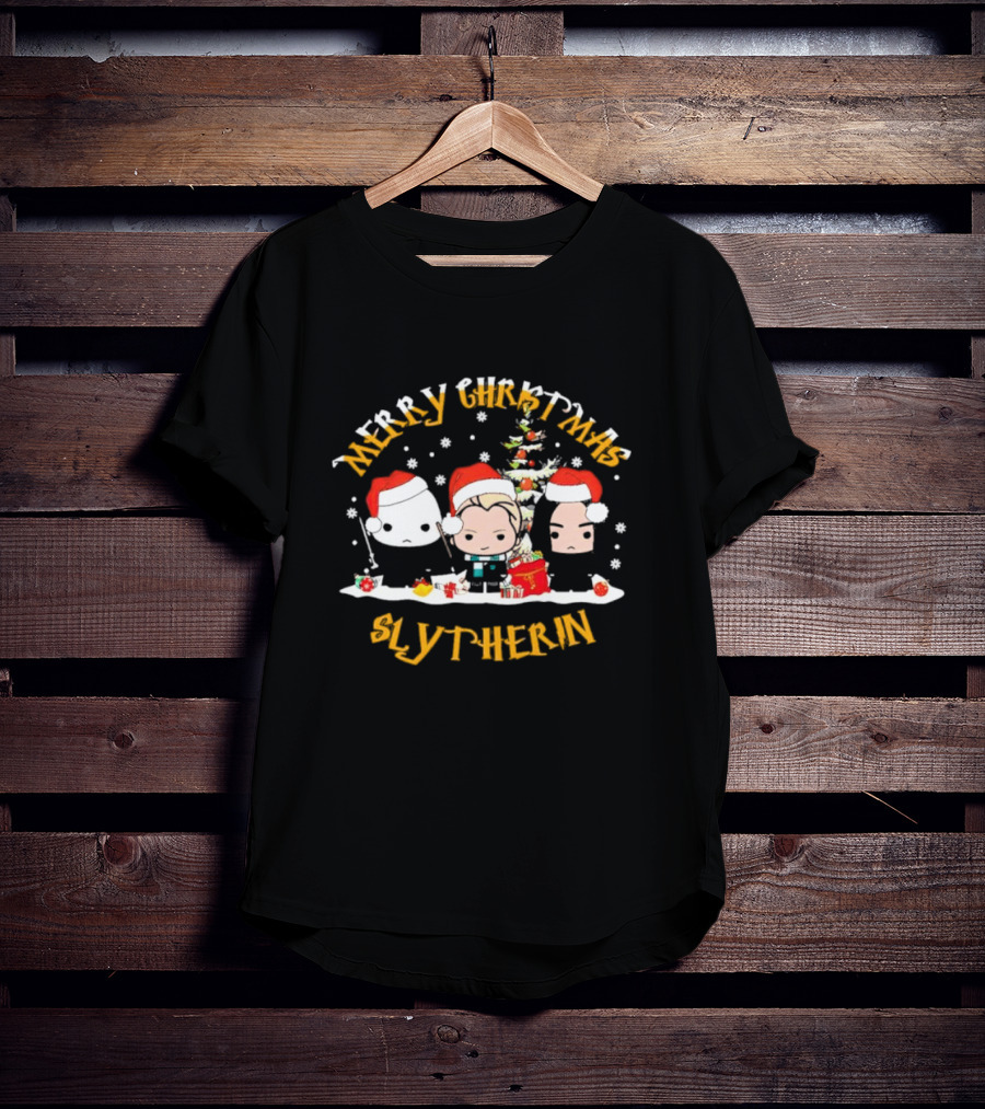 Merry Christmas Slytherin Characters With Holiday Tree And Santa Hats T-Shirt