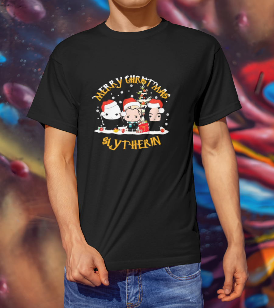 Merry Christmas Slytherin Characters With Holiday Tree And Santa Hats T-Shirt