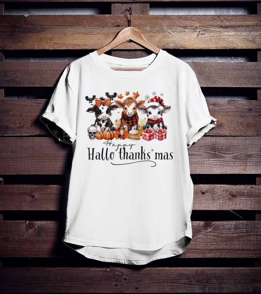 Happy HalloThanksMas Baby Cows With Pumpkins And Gifts T-Shirt