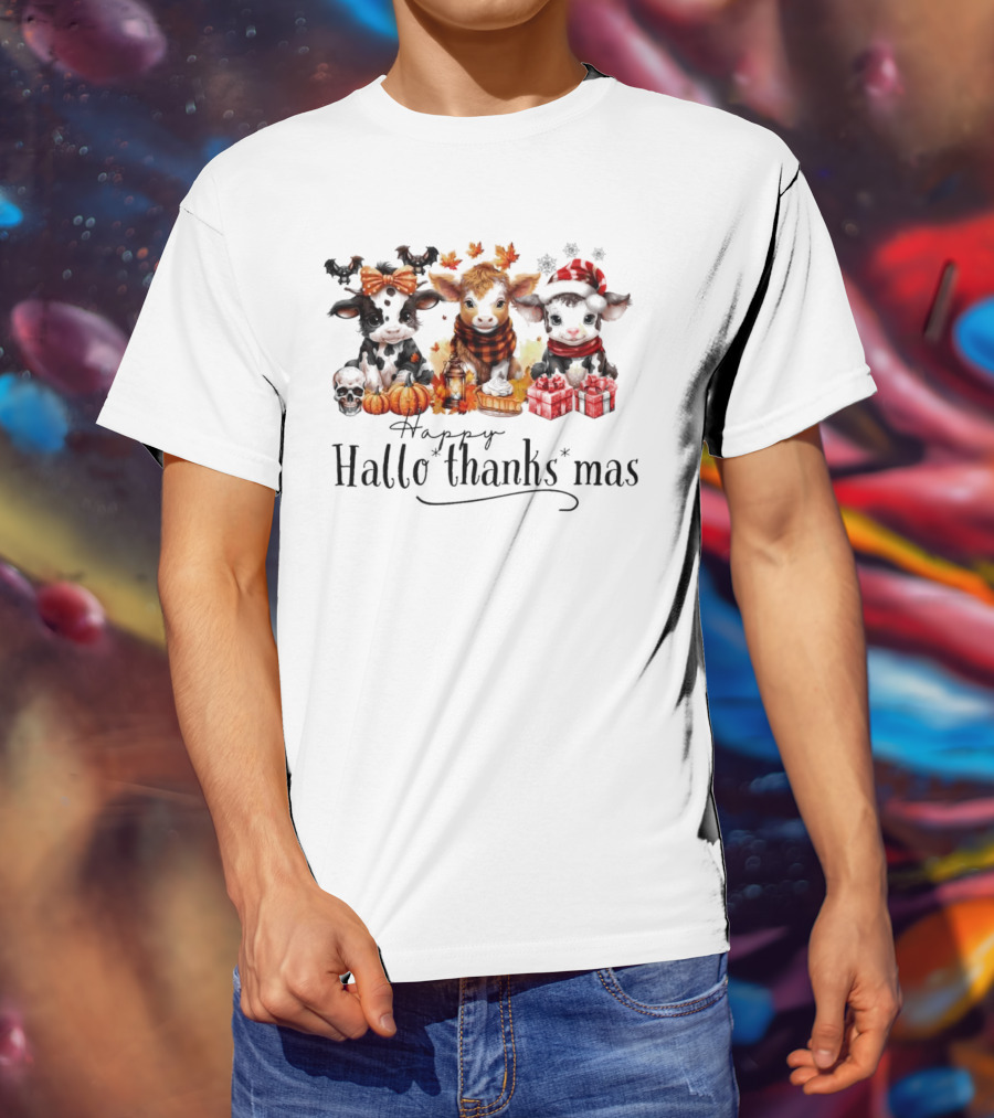 Happy HalloThanksMas Baby Cows With Pumpkins And Gifts T-Shirt