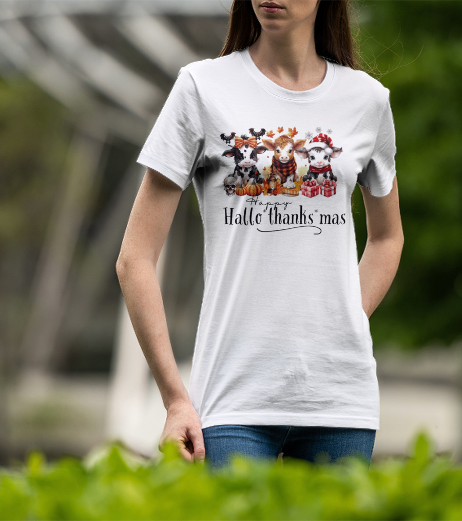 Happy HalloThanksMas Baby Cows With Pumpkins And Gifts T-Shirt