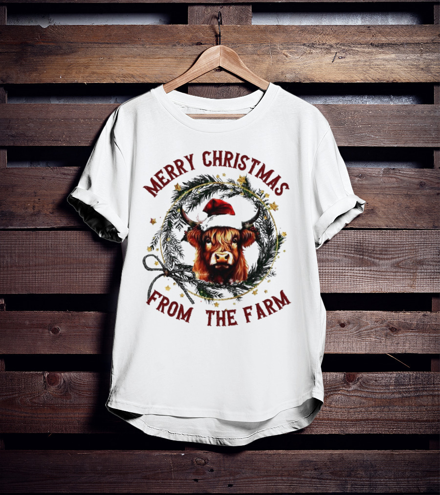 Merry Christmas From The Farm Cow Highland Christmas Wreath T-Shirt