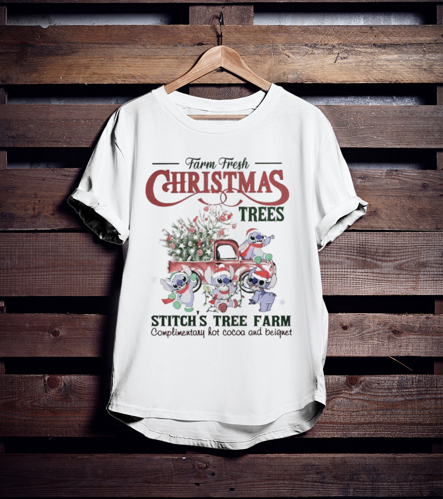 Farm Fresh Christmas Trees Stitch’s Tree Farm Complimentary Hot Cocoa And Beignet T-Shirt