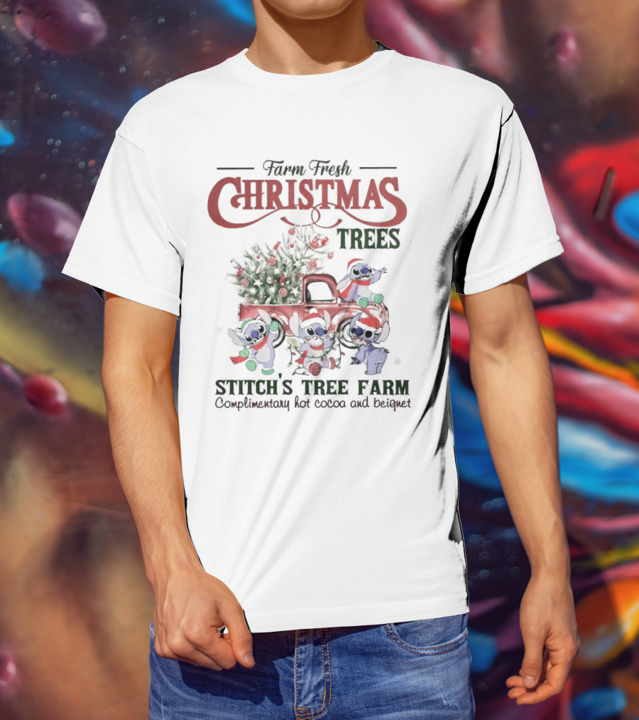 Farm Fresh Christmas Trees Stitch’s Tree Farm Complimentary Hot Cocoa And Beignet T-Shirt