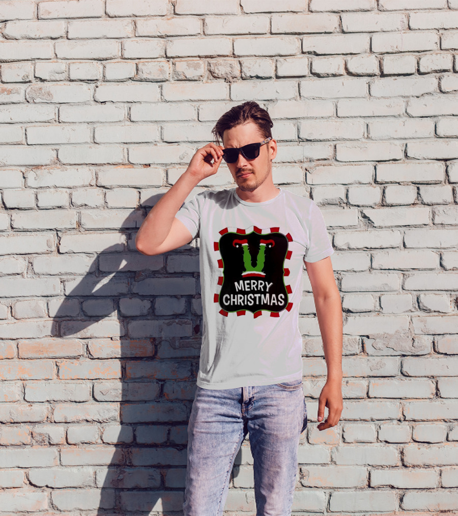 Merry Christmas Green Monster With Santa Hat T-Shirt