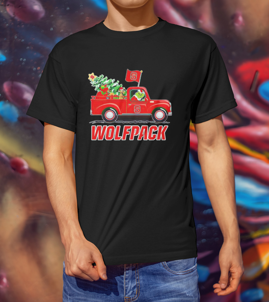 Grinch Driving NC State Wolfpack Christmas Truck With Tree And Flag T-Shirt