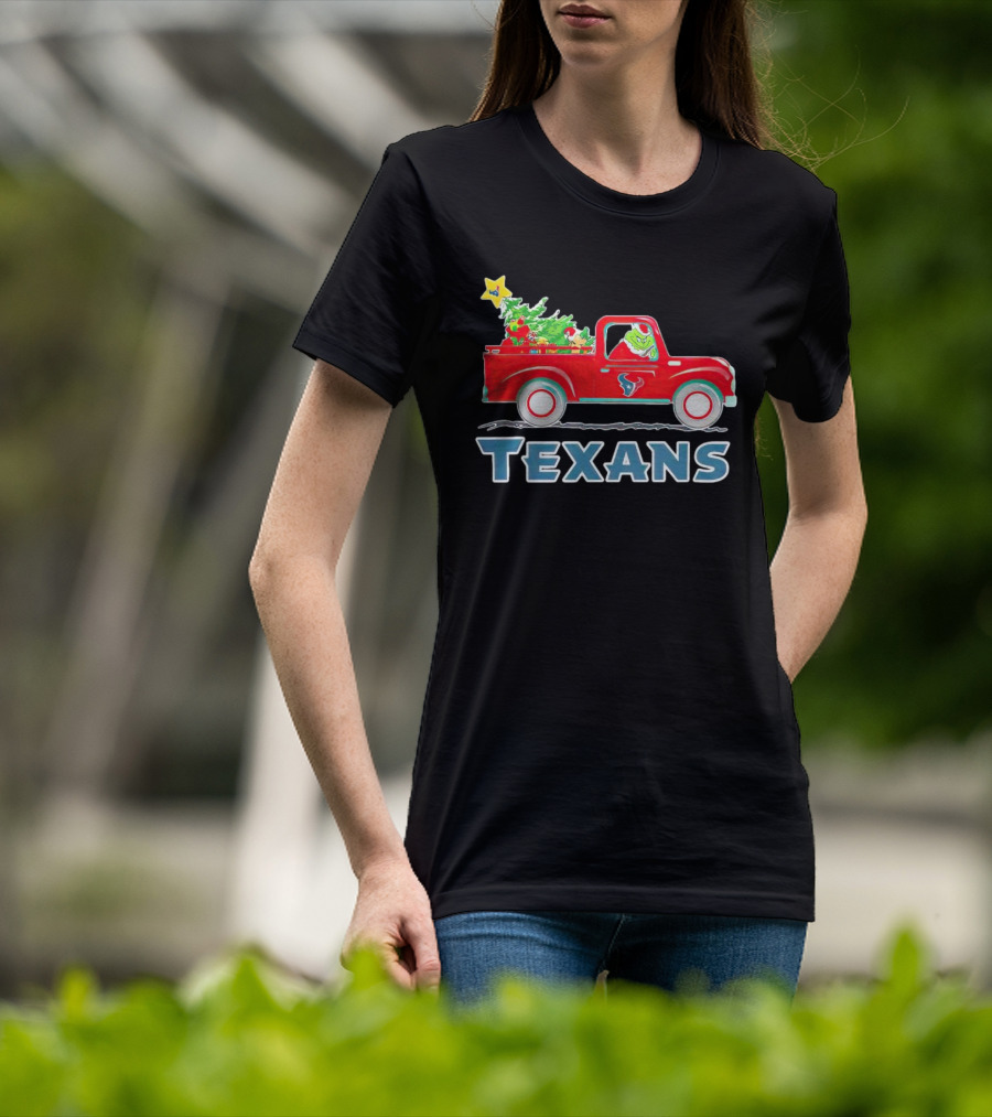 Grinch Driving Red Christmas Truck With Houston Texans T-Shirt