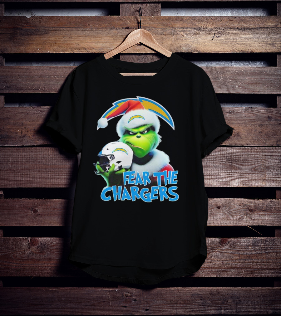 Grinch Santa Holding Los Angeles Chargers Helmet Fear The Chargers T-Shirt