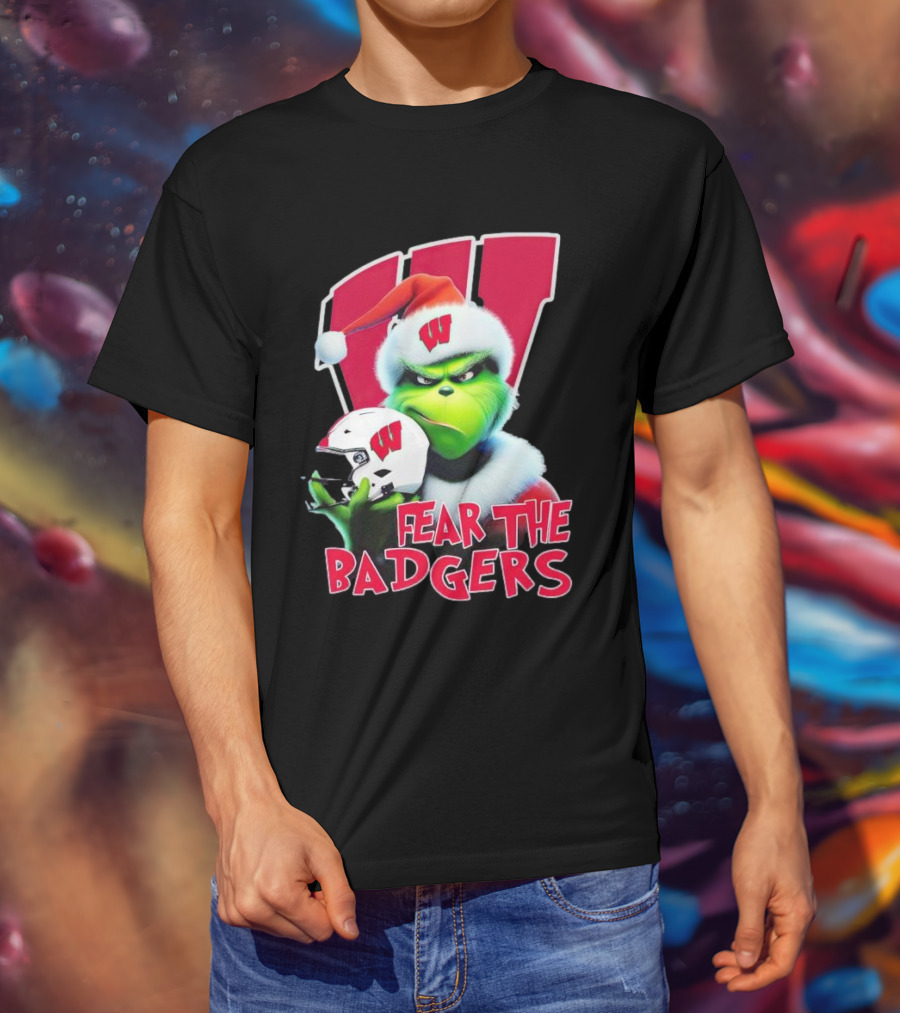 Grinch Fear The Badgers Wisconsin Christmas Football T-Shirt