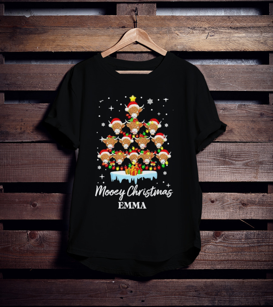 Mooey Christmas Highland Cow Tree Custom Name Emma T-Shirt