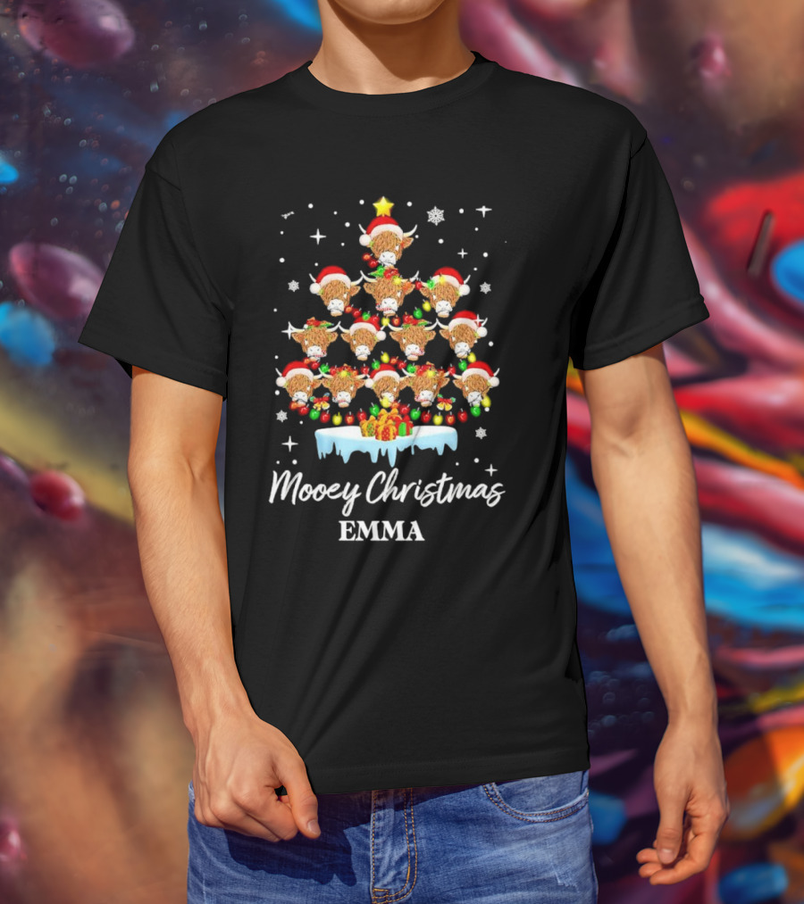 Mooey Christmas Highland Cow Tree Custom Name Emma T-Shirt