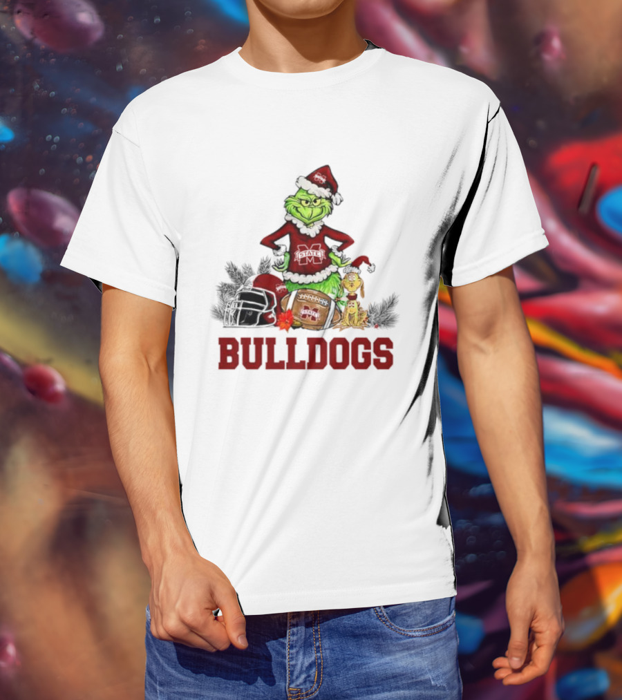 Bulldogs Grinch Max Dog Christmas Football Santa Hat T-Shirt