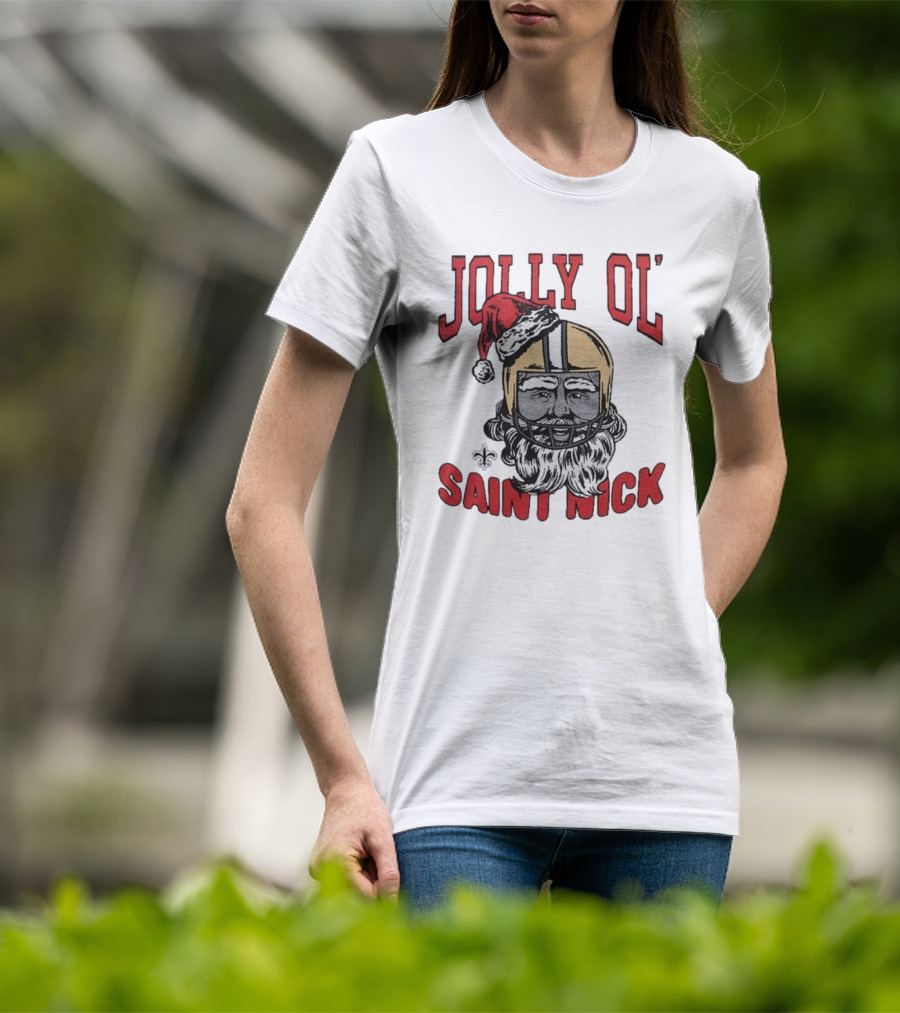 New Orleans Saints Jolly Ol’ Saint Nick With Santa Hat And Fleur-de-Lis Football Helmet Christmas T-Shirt