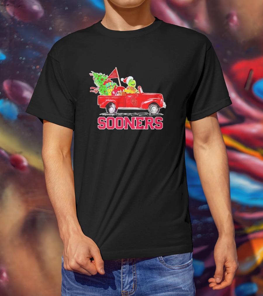Sooners Grinch Driving Red Truck With Christmas Tree And Gifts T-Shirt