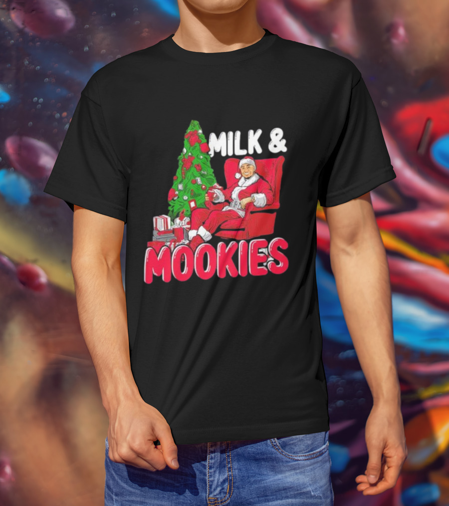 Christmas Milk And Mookies Santa By Tree T-Shirt
