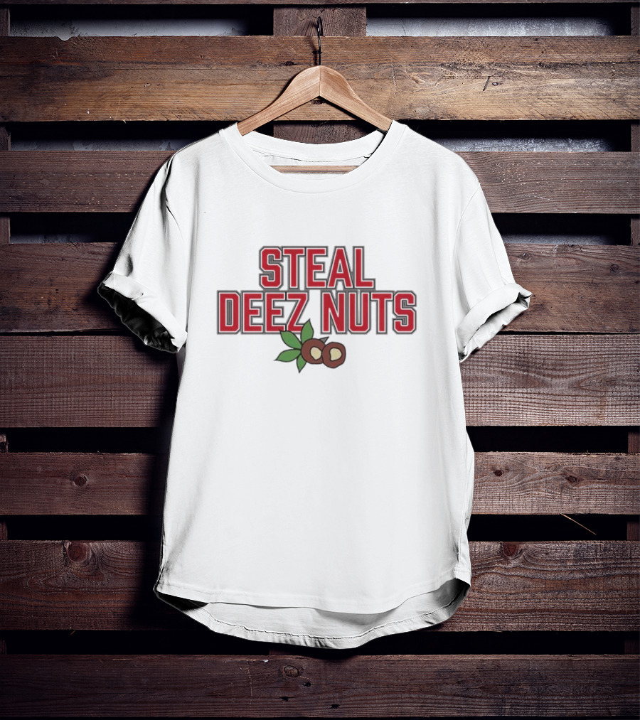 Steal Deez Nuts Christmas Humor Red Text With Hazelnuts And Leaves T-Shirt