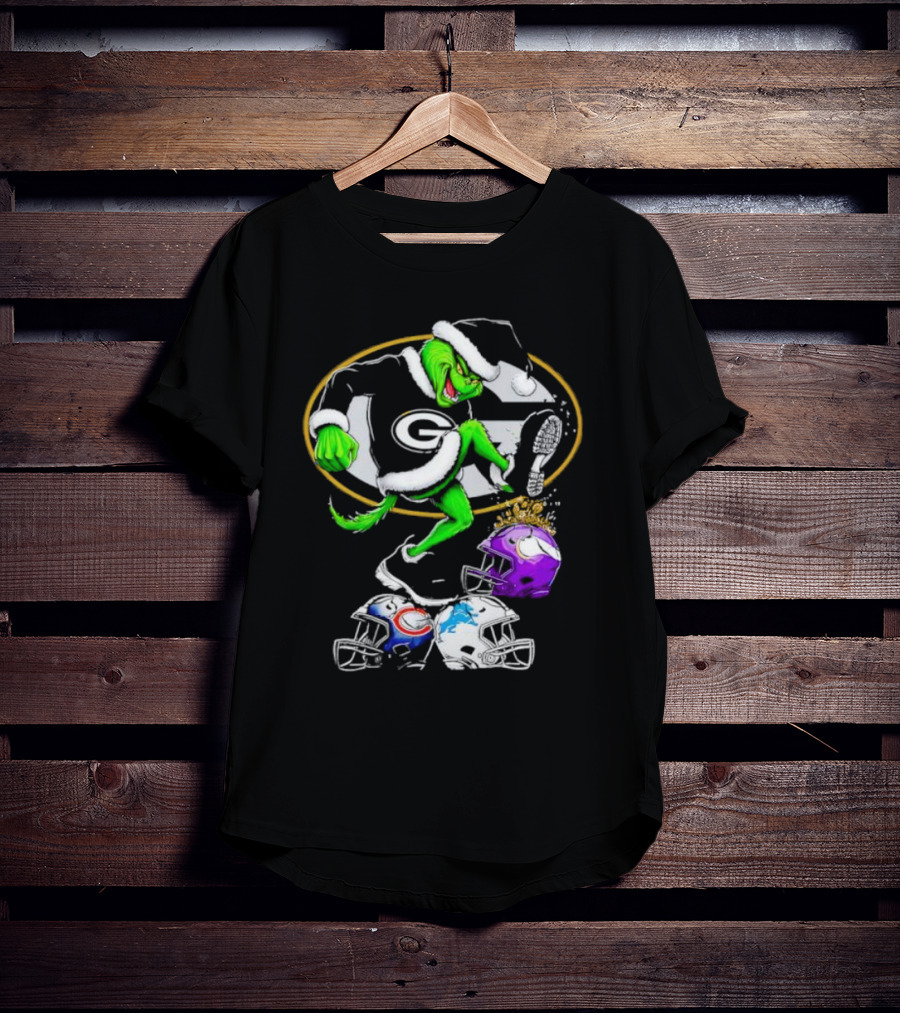 Green Bay Packers Grinch Santa Stepping On NFL Helmets Funny Christmas T-Shirt