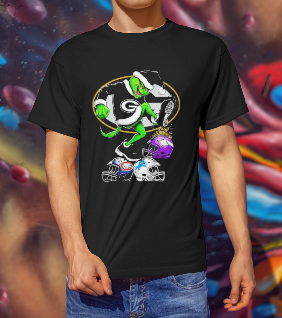 Green Bay Packers Grinch Santa Stepping On NFL Helmets Funny Christmas T-Shirt