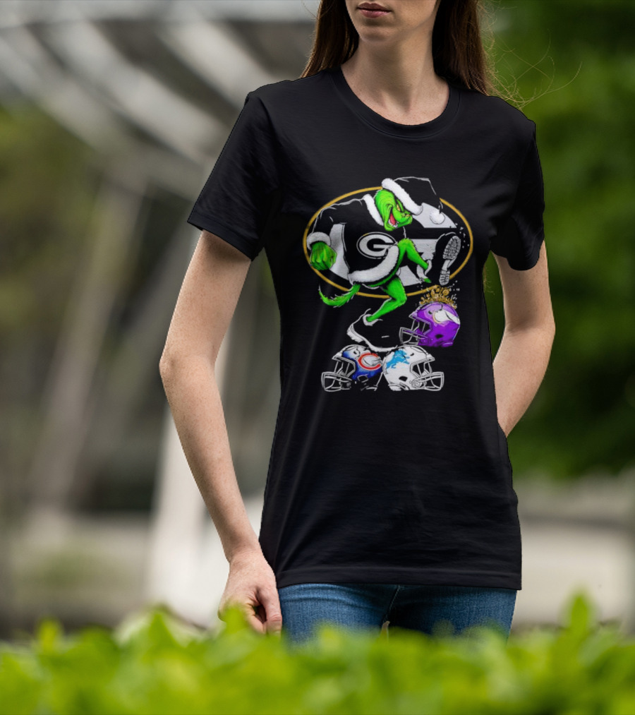 Green Bay Packers Grinch Santa Stepping On NFL Helmets Funny Christmas T-Shirt