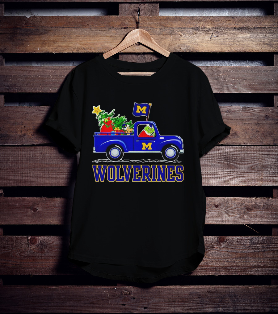 Grinch Driving Blue Wolverines Truck With Christmas Tree Michigan Football T-Shirt