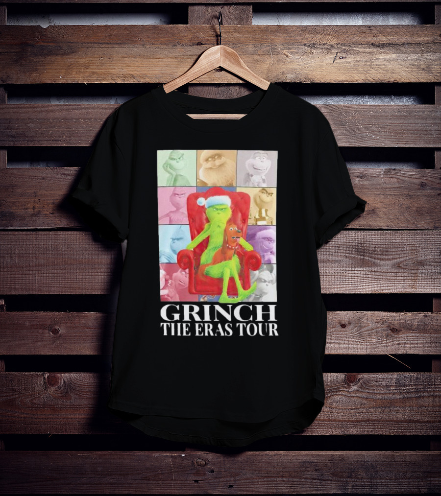 Grinch Christmas With Santa Hat Dog And Chair Icon Collage T-Shirt