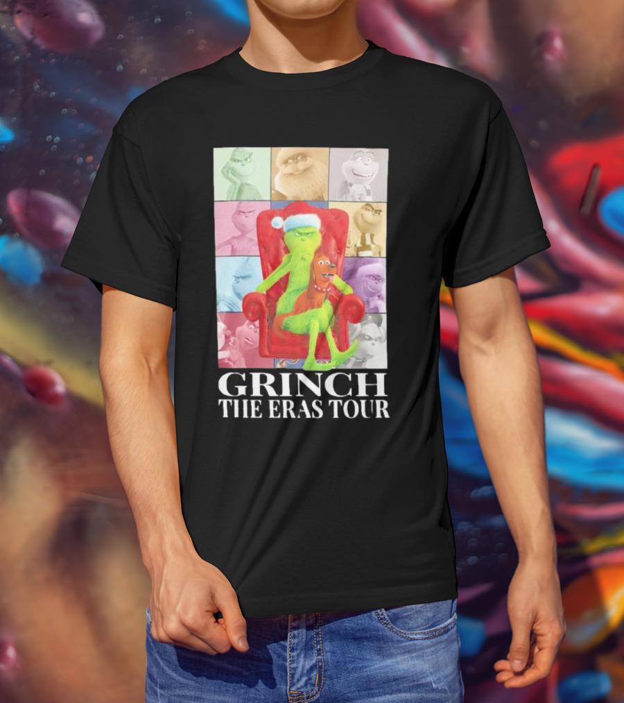 Grinch Christmas With Santa Hat Dog And Chair Icon Collage T-Shirt