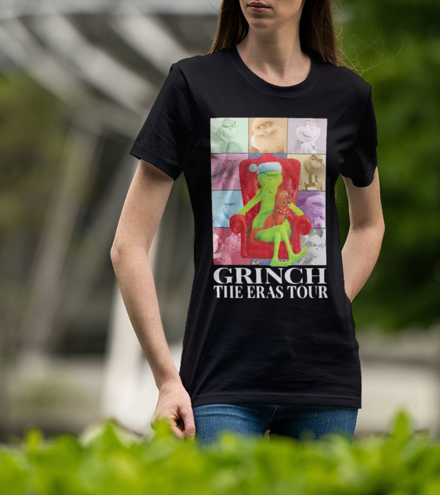 Grinch Christmas With Santa Hat Dog And Chair Icon Collage T-Shirt