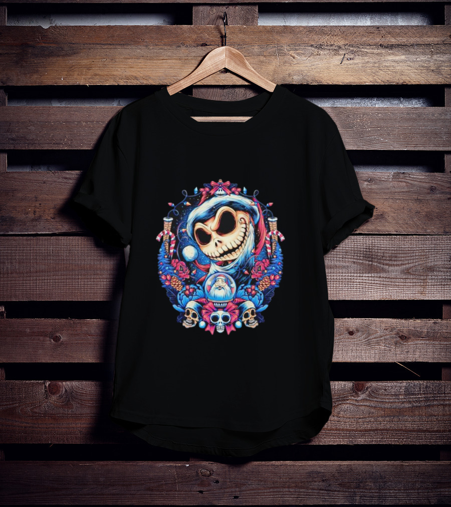 Jack Skellington Christmas Santa Skull Wreath Candy Cane Holiday T-Shirt