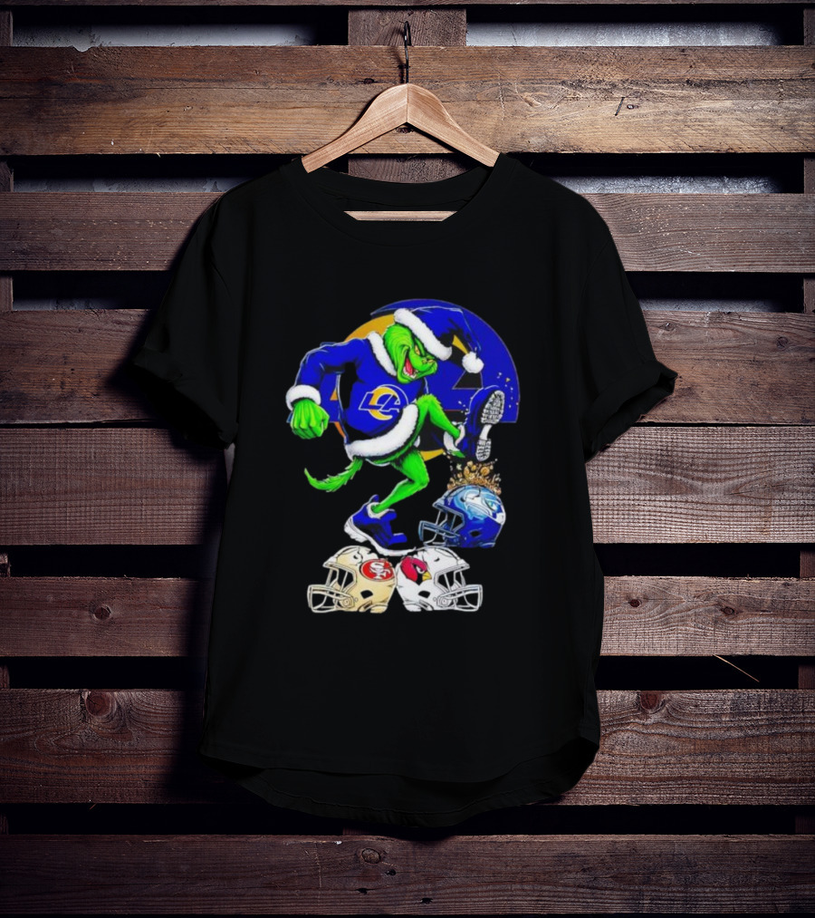 Los Angeles Rams Grinch Stomping NFL Helmets Christmas Funny Santa T-Shirt