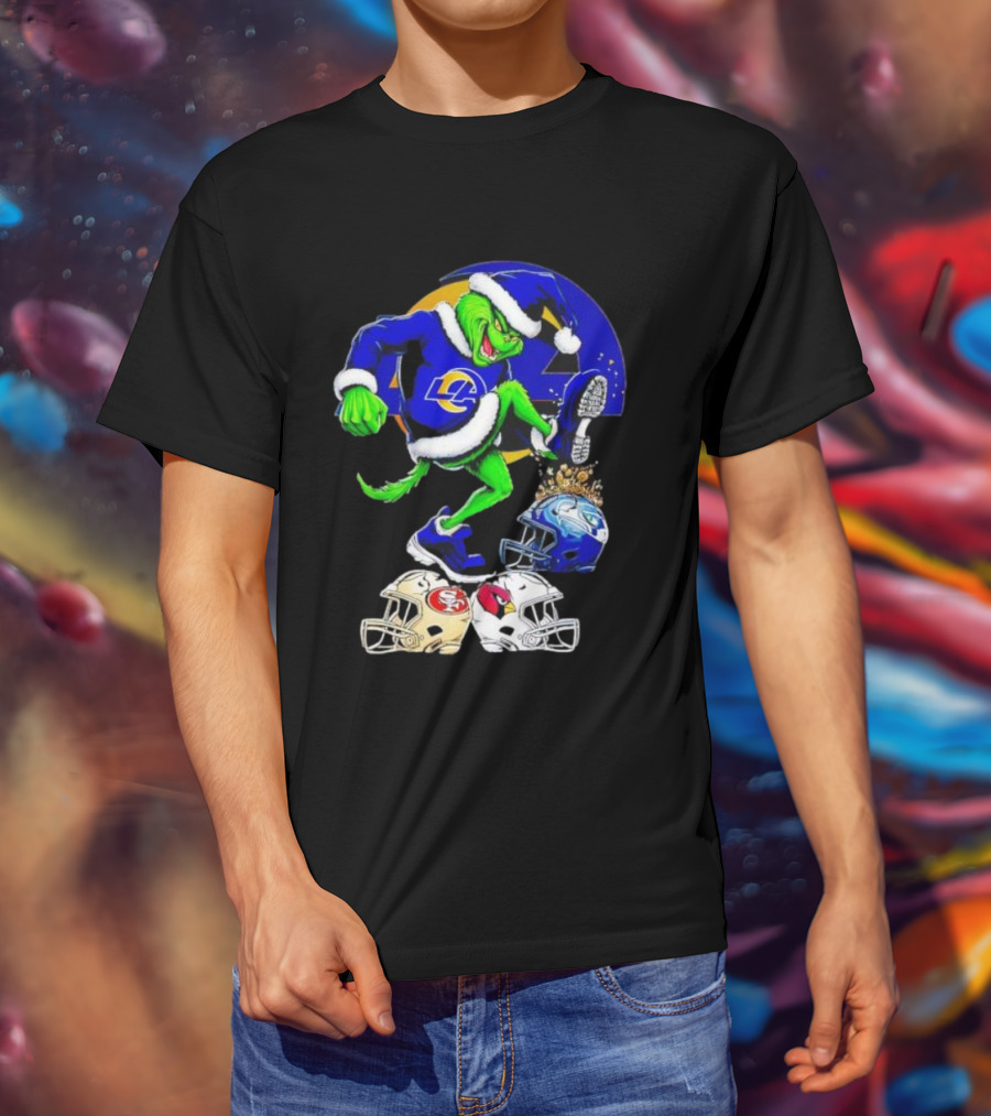 Los Angeles Rams Grinch Stomping NFL Helmets Christmas Funny Santa T-Shirt
