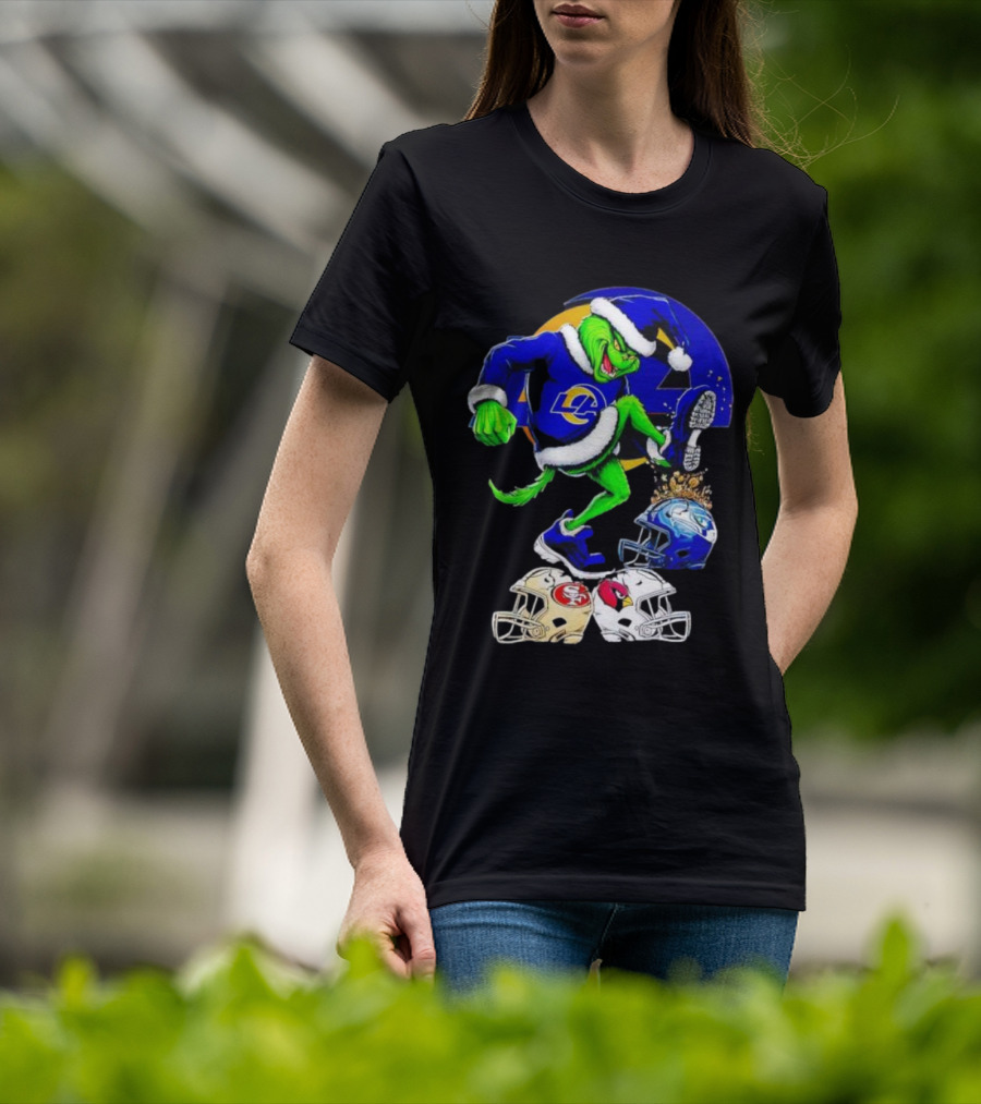 Los Angeles Rams Grinch Stomping NFL Helmets Christmas Funny Santa T-Shirt